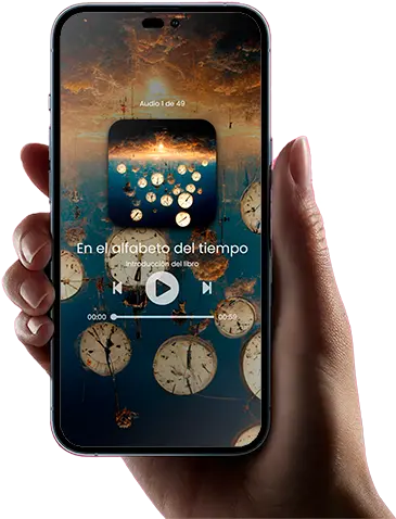 Mano sostiene movil con audiolibro